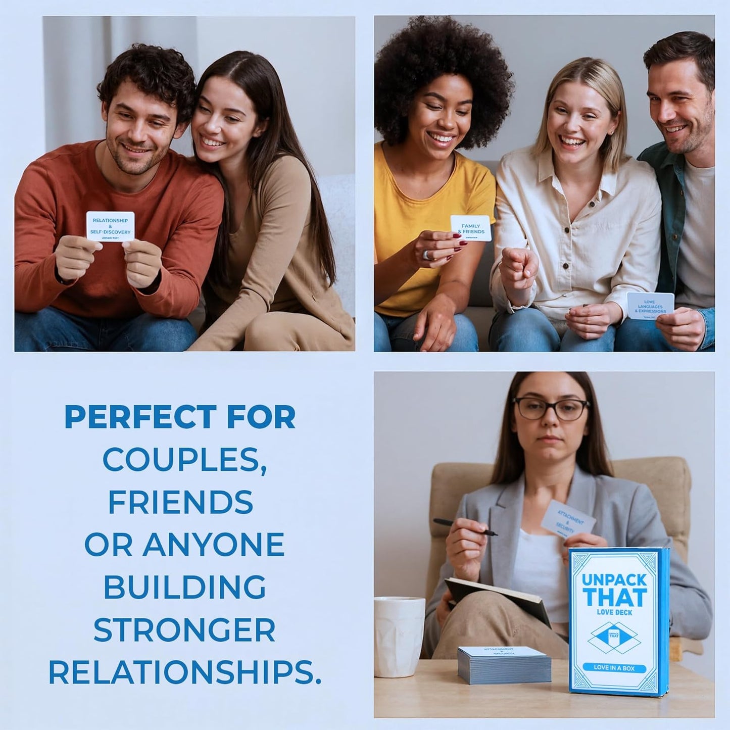Collage of four people engaging in activities to build stronger relationships, featuring a game box titled 'Unpack That'.