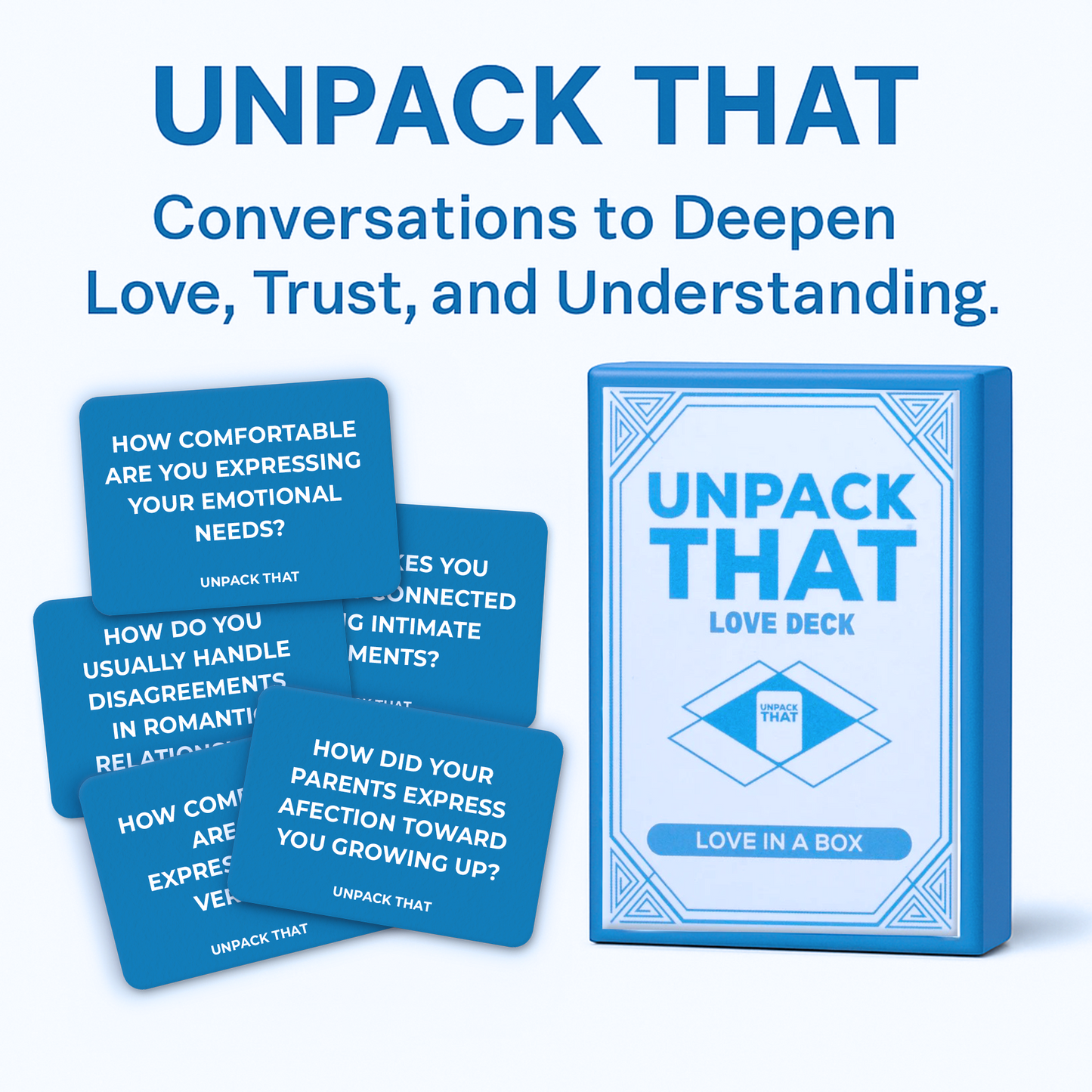 Box of 'Unpack That' love deck with conversation cards for deepening relationships.