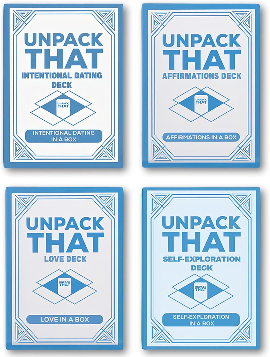 Four card decks titled 'Unpack That', focused on intentional dating, affirmations, love, and self-exploration.