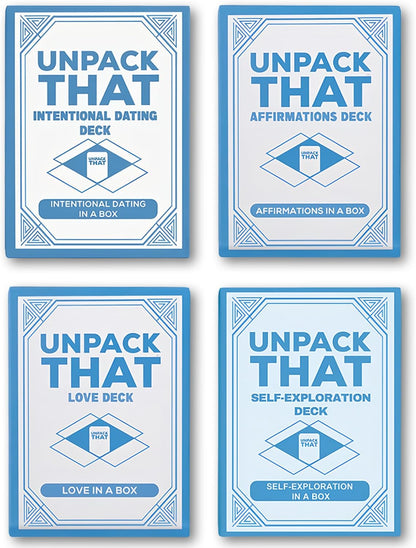 Four card decks titled 'Unpack That', focused on intentional dating, affirmations, love, and self-exploration.