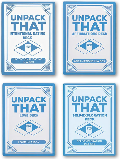 Four card decks titled 'Unpack That', focused on intentional dating, affirmations, love, and self-exploration.