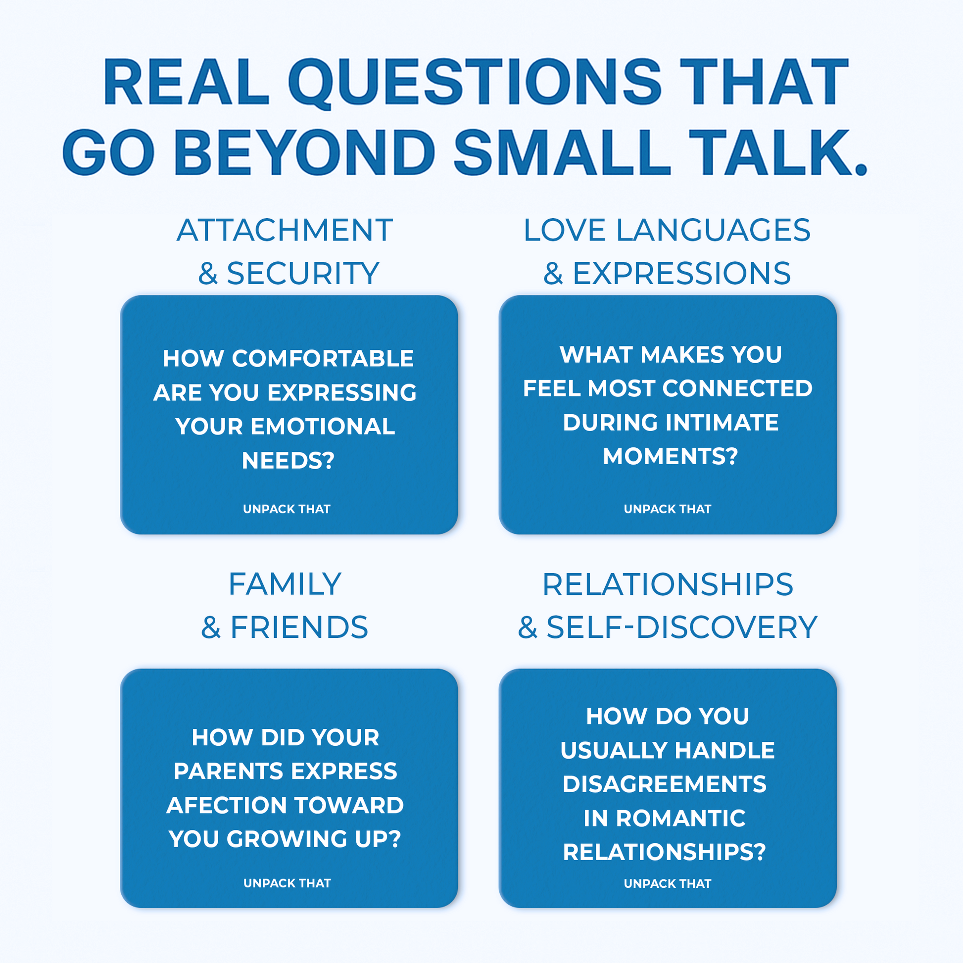 Image featuring questions about emotional intelligence, love languages, family dynamics, and relationship handling.