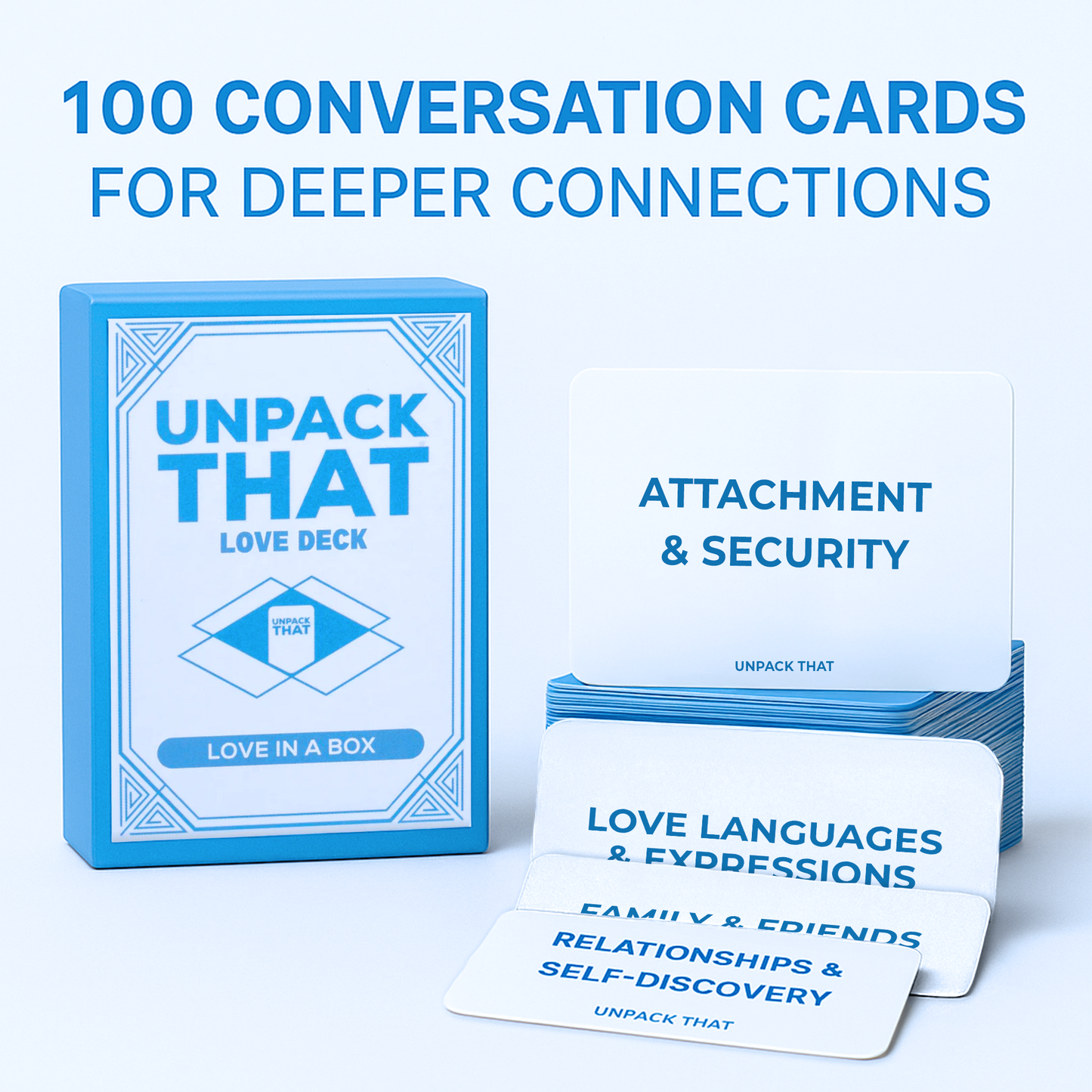 A box of conversation cards titled 'Unpack That Love Deck' with categories like 'Attachment & Security' and 'Love Languages & Expressions'.