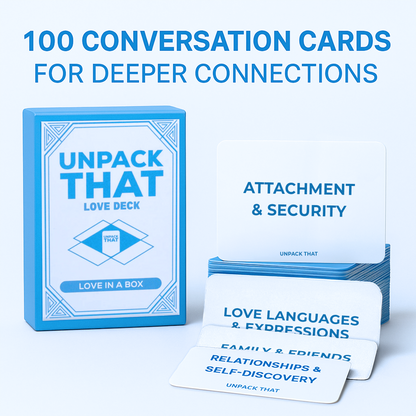 A box of conversation cards titled 'Unpack That Love Deck' with categories like 'Attachment & Security' and 'Love Languages & Expressions'.