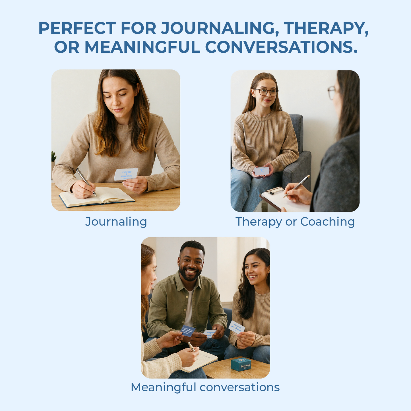 Collage of three activities: journaling, therapy or coaching, and meaningful conversations.